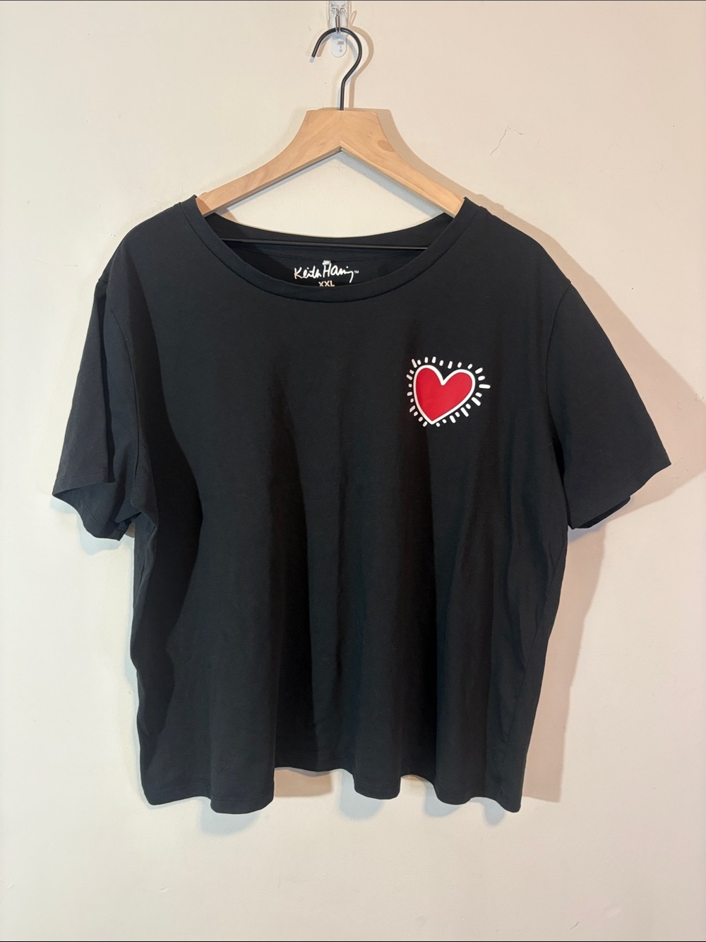Keith Haring Pop Art Crewneck Graphic Tee Basic Black T-Shirt Heart Print XXL